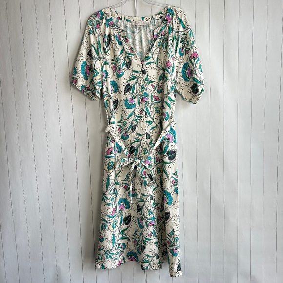 LOFT Dresses & Skirts - LOFT size L puff sleeve midi dress linen blend beige floral belted split neck